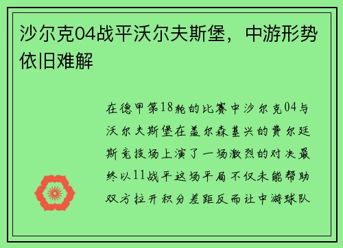 沙尔克04战平沃尔夫斯堡，中游形势依旧难解